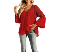 Donne Pizzo Henley Camicie Manica Bottoni Camicetta delle Signore Magliette Camicette Casual Camicia A Maniche Svasate con Scollo V Top in Chiffon Manica Lunga Estive Camicette Pizzo Elegante Chiffon