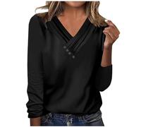 Donne plissee tinta unita scollo a V pulsante casual maniche lunghe top t shirt taglie forti, Nero , XXL