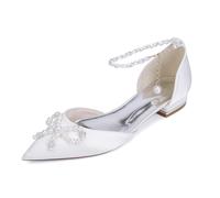 Donne Punta A Punta Ballerine Cinturino alla Caviglia Scarpe da Sposa in Raso con Perle,Bianca,36 EU