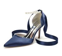 Donne Ribbon Tie Pearl Scarpe da Sposa per La Sposa Tacchi Alti Scarpe da Sposa A Punta in Raso Prom Party Dress Pumps,Marina Militare,39 EU