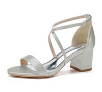 Donne Sandali da Sposa con Punta Aperta per La Sposa Fibbia della Caviglia Calze Tacco Spesso Scarpe da Festa,Argento,41 EU