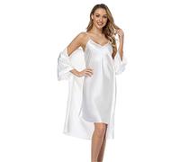 Donne Sexy Completo Slip Camicia Da Notte Con Vestaglia Set Raso Breve Kimono Setoso Accappatoio Da Sposa Pigiama Da Notte Lingerie Camicia Da Notte bianca M