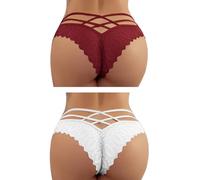 Donne Sexy Pizzo Maglia Linee Trasversali Mutandine Cave Mutandine Senza Cuciture Signore Elastico Vita Bassa Bikini Slip Hipster Pizzo Biancheria Intima per Le Donne 2 Confezioni-Rosso Bianco