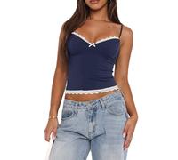 Donne Spaghetti Strap Camisoles Estate Crop Top Pizzo Trim Scollo a V Senza Maniche Backless Canotte Estate Gilet, blu navy, L