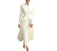 Donne Stand Collar Manica Lunga Button Top A Vita Alta Gonna Abiti Femminile Moda Solido Due Pezzi Set, bianco, M