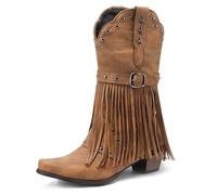 Donne Tacco Blocco Stivali Western Cowboy Marrone con Frangia Stella Borchiata Cinturino Fibbia Mid Calf per Ballo Linea,Marrone,41 EU