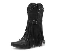 Donne Tacco Blocco Stivali Western Cowboy Marrone con Frangia Stella Borchiata Cinturino Fibbia Mid Calf per Ballo Linea,Nero,35 EU