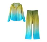 Donne Tie Dye Set 2 Pezzi Vintage Turn Down Collar Shirt+Vita Alta Gradiente Tasche Cerniera Gamba Larga Pantaloni, Abito Tie Dye, L
