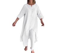 Donne Tinta unita Cotone Lino Casuale Manica Lunga Top Gamba Larga Pantaloni Set Pant Suit Plus Size Donne, bianco, M