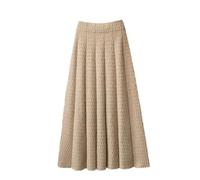 Donne Vita Alta Dimagrante Solido Maglia Media Lunghezza A-Line Lungo Inverno Filato di Lana Grande Gonna Pieghettata, cachi, M