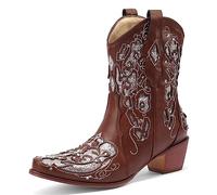 Donne Western Stivali da cowboy Stivali a metà polpaccio Wide Calf Stivali Cowgirl with Embroidered Chunky Heel Appuntito Moda Retrò Classico Pull On per donne Ragazze Le signore