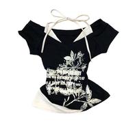 Donne Y2k Emo Grunge Graphic Baby Tees Falso Due Pezzi Manica Corta Vintage Crop Top 2000 Goth Alt Abbigliamento Streetwear, Nero Bianco A, M