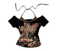 Donne Y2k Emo Grunge Graphic Baby Tees Falso Due Pezzi Manica Corta Vintage Crop Top 2000 Goth Alt Abbigliamento Streetwear, Farfalla nera a, S