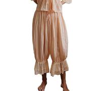 Donne Y2k Pizzo Trim Lungo Bloomers Vittoriano Pizzo Volant Lanterna Vintage Pantaloni Capri Pigiama Bottoms, Radice di loto rosa, M