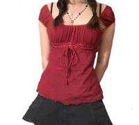 Donne Y2k Top Grunge Estetica Fata Goth Vintage Quadrato Breve Carino Bambola Adolescenti Fit Slim Milkmaid Top Teens Shirt, Rosso, S