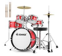 Donner - Set di batteria per bambini, 5 pezzi, per principianti, 35,6 cm, con trono regolabile, piatto, Hi-Hat, pedale e bacchette, colore: rosso