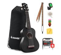 Donner Ukulele soprano per principianti, 53,3 cm, opaco, kit per principianti, con tracolla, accordatore, corde, plettri, panno per lezioni online gratuite, regalo di Natale e compleanno (nero)
