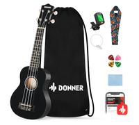 Donner Ukulele soprano per principianti da 53,3 cm, kit con lezioni online gratuite, tracolla, accordatore, plettri, panno per ukalee Yukalee (nero)
