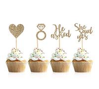 Donoter 48 Pcs Light Gold He Asked She Said Yes Cupcake Toppers Diamond Ring Heart Cake Picks for Wedding Engagement Party Cake Decorations