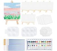 DONQL 50 pezzi Mini Tele e Cavalletto Set, Cavalletti in Legno Regolabile per Pittura, con Tela 4x4 Pollici, Pennelli, Tavolozza e colori Acrilici per Pittura ad olio, Bambini e Artisti Art Party