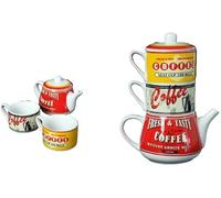 DONREGALOWEB Teiera con 2 tazze in ceramica impilabili decorate con il logo Coffee in tre colori con capacità teiera da 420 ml e tazze da 180 ml
