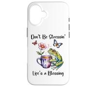 Don't Be Stressin' Life's a Blessing God Frog Cute Butterfly Custodia per iPhone 16