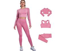 DONYKARRY 3set di Abbigliamento Sportivo da Palestra Senza Cuciture, Yoga Gym Leggings da Yoga a Vita alta e Reggiseno Sportivo e Top Sportivo (rosa,L)