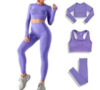 DONYKARRY 3set di Abbigliamento Sportivo da Palestra Senza Cuciture, Yoga Gym Leggings da Yoga a Vita alta e Reggiseno Sportivo e Top Sportivo (Viola,L)
