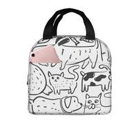 Doodle Cats Dog Lunch Bag Cooler Tote riutilizzabile in bianco e nero isolato divertente arte animali domestici Lunch Box per donne uomini adulti contenitore regali per picnic, viaggi, lavoro ufficio