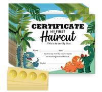 Doodlream 30 fogli di carta per certificati My First Haircut per bambino con 32 adesivi in lamina d'oro, 20 x 25 cm, carta bianca per certificati con simpatico dinosauro animale per parrucchiere