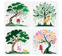 Doodlream 4 stencil per altalena e albero per dipingere, 25 x 25 cm, riutilizzabili, fiori, erba, persone e animali artistici, stencil fai da te, per pareti in legno, tessuto, tela di vetro