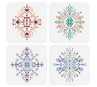 DOODLREAM 4 stencil tribali aztechi per pittura, 20 x 20 cm, riutilizzabili, sagome di disegno azteco, modelli geometrici fai da te per decorazioni da parete per la casa su tela a legna