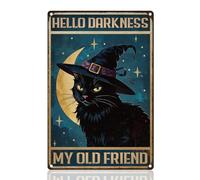 Doodlream Decorazione da parete in metallo retrò con gatto nero e strega, 20 x 30 cm, decorazione da parete vintage Hello Darkness My Old Friend, per casa, bar, bagno, giardino, galleria, uomo, grotta