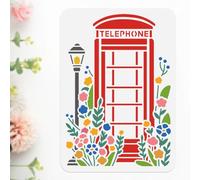 DOODLREAM Stencil da parete a forma di cabina telefonica con fiore, 29,7 x 21 cm, stencil riutilizzabili in plastica per pittura su legno, parete, pavimento, tessuto, vetro, mobili, fai da te