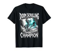 Doom Scrolling Champion Skeleton Phone Addict Design Maglietta