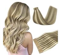 DOORES Extension Biadesivo Capelli Veri Extensions, Castano Chiaro con Riflessi Biondo Medio 40cm 16 pollice 50g 20pcs, Capelli Lisci Extension Biadesivo