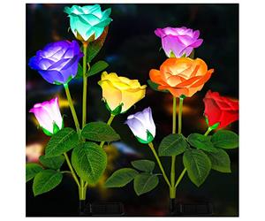 DooYard Luci solari da giardino - Versione aggiornata per esterni, luci a rosa che cambiano 7 colori per cortile, decorazione da giardino, pannello solare ingrandito, fiore di rosa più realistico