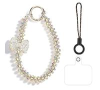 DOPENSPI Braccialetto da polso con strass per telefono, fiocco per telefono con ciondoli per cellulare, cinturino da polso con linguetta per tenere le mani libere, cinturino da polso per donne