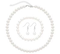 DOPENSPI Set di 3 collane di perle, bracciale e orecchini, 8 mm, perle finte, set di collane con perle bianche, gioielli per donne e ragazze, regalo per feste di nozze