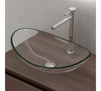 doporro Lavabo da Appoggio in Vetro Temperato Lavandino Bagno Ovale 53,5 x 35,5 x 16 cm Trasparente Lavello per WC Ospiti Design Moderno Minerva08