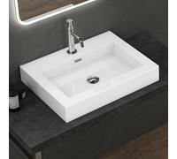 doporro Lavabo da Appoggio Rettangolare, Lavabo Bagno Sospeso con Foro Rubinetto e Troppopieno in Marmo Resina Bianco Lucido, Lavandino Bagno 60x48x10cm Colossum18