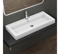 doporro Lavabo da Appoggio Rettangolare, Lavabo Bagno Sospeso con Foro Rubinetto e Troppopieno in Marmo Resina Bianco Lucido, Lavandino Bagno 100x48x10cm Colossum18