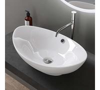doporro Lavabo Ovale da Appoggio in Ceramica Bianco Lucido 59x38,3x19,2 cm, Lavandino Bagno con Troppopieno Effetto Loto Brüssel818