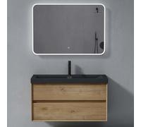 doporro Mobile Bagno Sospeso Set Mobili con Lavabo Integrato e Specchio LED da 100cm Marrone chiaro, Mobile Sottolavabo Include Lavandino Antracite in Marmoresina e 2 Cassetti Soft Close Seria Rimo