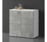 doporro Mobile Organizzatore Credenza Buffet in Legno con 4 Ante Push-to-Open e Soft-Close per Soggiorno, Sala da Pranzo o Ingresso, 76x36,4x76 cm Bianco opaco e Calcestruzzo Schrank04