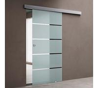 doporro Porta Scorrevole in Vetro Temperato 77,5x205 cm con Binario Esterno Muro e Ammortizzatore, Vetro Satinato Opaco 8 mm con Righe Trasparenti, Porta Interna Scorrevole per Bagno Cucina Studio