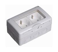 Doppia base Schuko impermeabile di superficie 2P+T 10-16A/250V IP55 con coperchio in plastica, ideale per esterni e ambienti umidi.