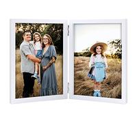 Doppia cornice portafoto pieghevole in legno, 13 x 18 cm, con supporto frontale in vetro, verticale sul desktop, bianco