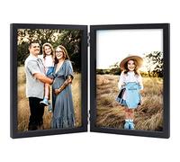 Doppia cornice portafoto pieghevole in legno, 13 x 18 cm, con supporto frontale in vetro, verticale sul desktop, nero