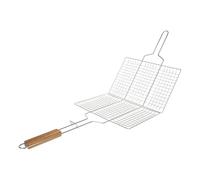 Doppia griglia rettangolare 34 x 22 cm in acciaio cromato con manico in legno - perfetta per grigliate padroneggiate